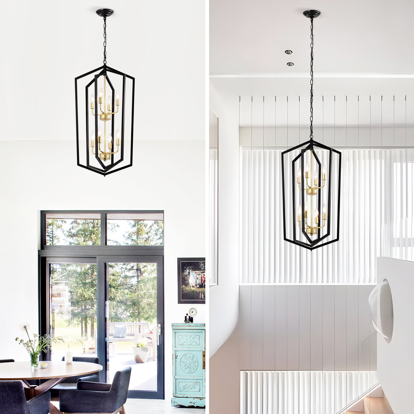 US Local 8-Light Lantern Tired Farmhouse Ceiling Hanging Light Black Chandelier Metal Modern Pendant Light Fixtures For Kitchen Island Dining Room Living Room Foyer Entryway E12 Bulbs Not Included