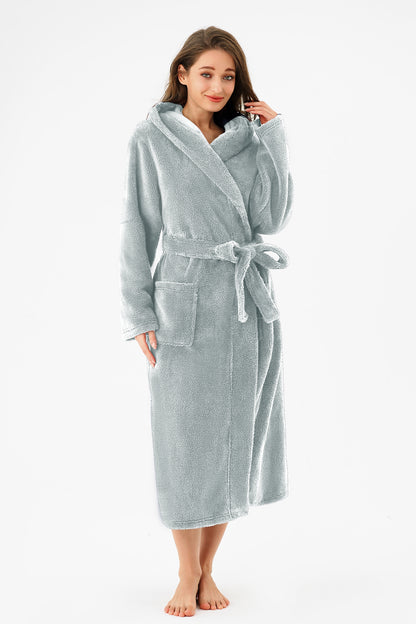 US Local RONGTAI Womens Hooded Robe Long Plush Fleece Bathrobe With Pockets Nightwear S-XXL