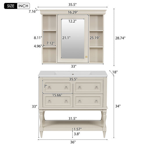 US Local 36'' Bathroom Vanity With Medicine Cabinet, Modern Mirror Cabinet With Adjustable Shelf, Bathroom Storage Cabinet With 4 Drawers, Solid Wood Frame Bathroom Storage Cabinet