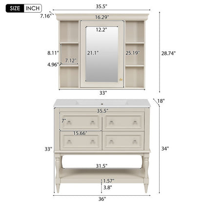 US Local 36'' Bathroom Vanity With Medicine Cabinet, Modern Mirror Cabinet With Adjustable Shelf, Bathroom Storage Cabinet With 4 Drawers, Solid Wood Frame Bathroom Storage Cabinet