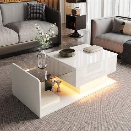 UK Local Coffee Table, High-Gloss White, Side Table, Coffee Table With Glass And LED Effect, With Glass Top