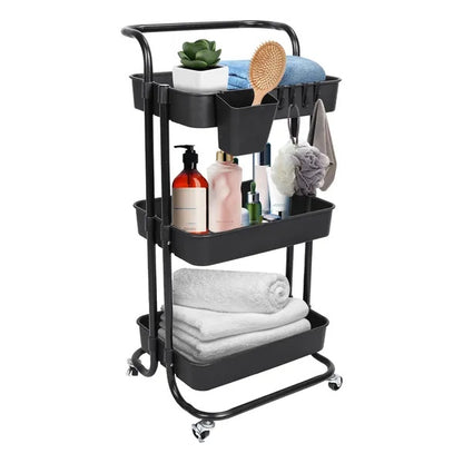 US Local 3 Tier Rolling Utility Cart Movable Storage Organizer With Mesh Baskets Lockable Wheels 360 Degree Rotatable Hanging Box Hooks Bedroom Bathroom Kitchen