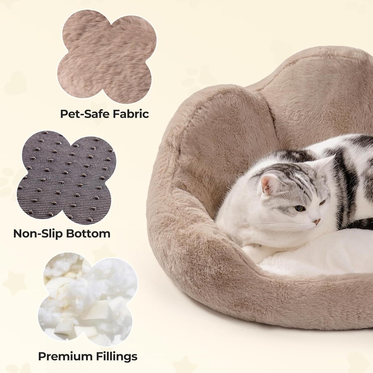 MEWOOFUN Round Cat Bed For Indoor Cats - Cozy Washable Fluffy Pet Couch With Anti-Slip Bottom, Small Dog & Puppy Bed For Kittens 23, Khaki
