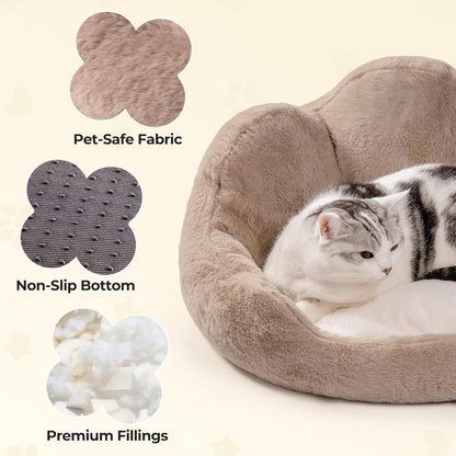 MEWOOFUN Round Cat Bed For Indoor Cats - Cozy Washable Fluffy Pet Couch With Anti-Slip Bottom, Small Dog & Puppy Bed For Kittens 23, Khaki
