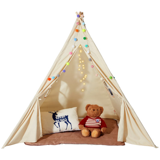 US Local Kids Play Tent, Teepee Tent For Kids 1-5 Years Old, Tent For Kids With Windows For Indoor And Outdoor, Toddler Tent With Mat And Plush Decorative Balls, For Boys And Girls, Beige