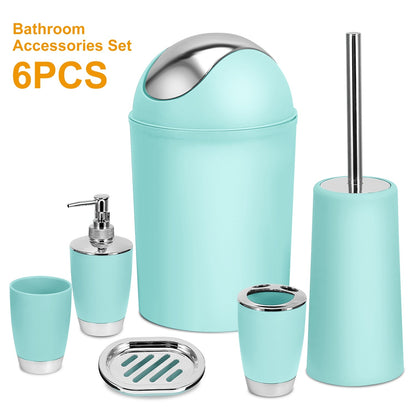 US Local Bathroom Accessories Set 6 Pcs Bathroom Set Ensemble Complete Soap Dispenser Toothbrush Holder Tumbler Soap Dish Toilet Cleaning Brush Trash Can