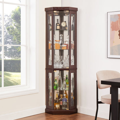 US Local Corner Glass Cabinet Lighted Curio Cabinet Corner Display Case For Living Room, Curio Cabinet, Antique Collection, Wine,Bar Glass Storage Light Included,Dark Cherry