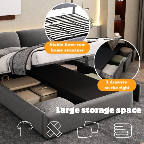 UK Local Upholstered Bed,King Size Bed-5ftm  150x200cm, Hydraulic Bed, Three Drawers, Bed Box For Storage, Slatted Frame With Headboard, Without Mattress, Velvet, Grey