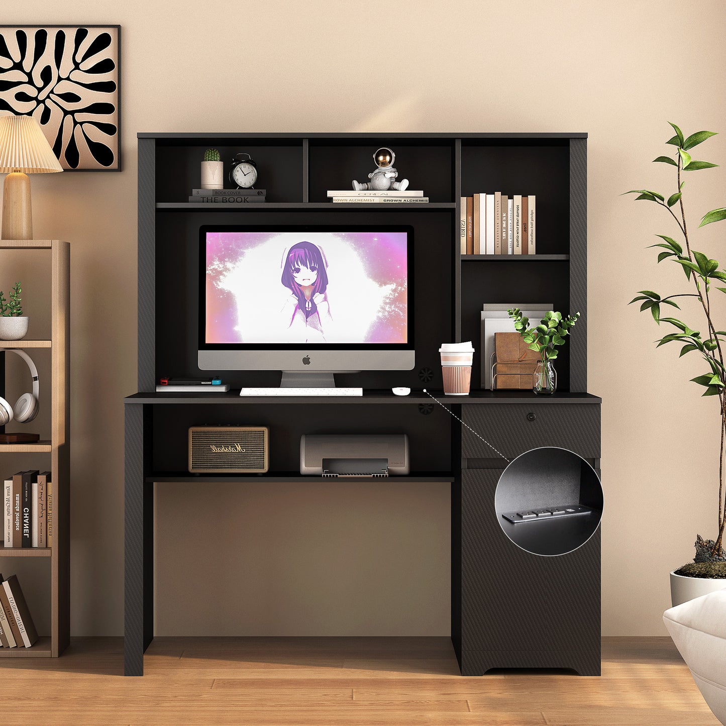 US Local Computer Desk With Hutch & Bookshelf,Wood Executive Desk Teens Student Desk Writing Laptop Home Office Desk With Drawers,3 AC Outlets And 2 USB Charging Ports,Study Laptop Table For Home