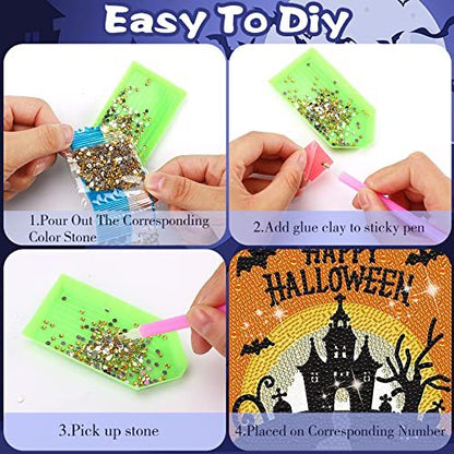 US Local Halloween Diamond Painting, 4-piece Full Diamond Painting Kit, Halloween Witch, Pumpkin, And Bat DIY Diamond Crafts Gift, Suitable For Family Wall Decoration For Adults And Children - Banned For Sale