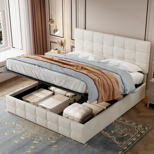 UK Local 4ft6 Double Upholstered Storage Bed Frame, Velvet Ottoman Bed With Hydraulic Storage, Double Bed With Adjustable Button Tufted Headboard, Metal-Wood Support, No Mattress, Beige