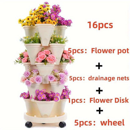 US Local 16 Pieces 5-Layer Stackable Flower Pots Vertical Garden Flowers Herbs Strawberry Vegetables Durable Plastic With Mobile Wheels Indoor And Outdoor Flower Pots