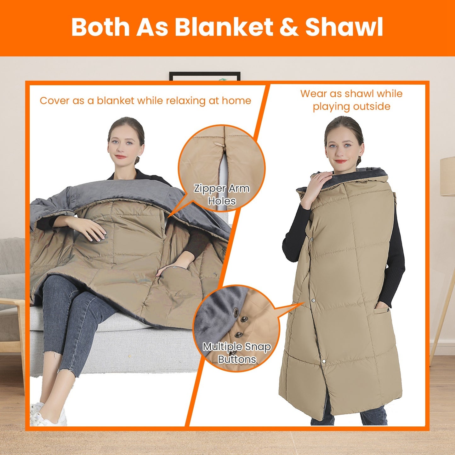 US Local USB Heated Blanket Electric Heated Poncho Shawl Wrap Throw With Zipper Arm Holes Pocket 3 Heating Levels 6 Zones 5V 2A Machine Washable For Home Office Outdoor
