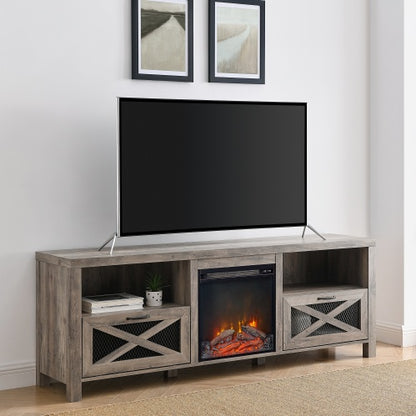 US Local Industrial Farmhouse Metal Mesh Drop-Down X-Door Fireplace TV Stand For TVs - Grey Wash