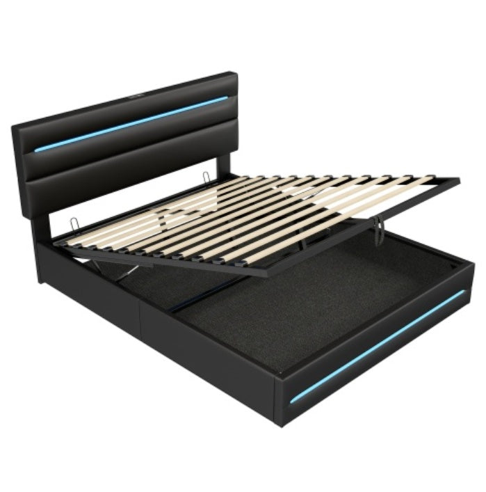 UK Local 5ft King Upholstered Bed Frame With Hydraulic Storage, PU Ottoman Bed With LED Lighting And Charging Station, LED Adjustable Headboard With USB And Type - C Ports, Black
