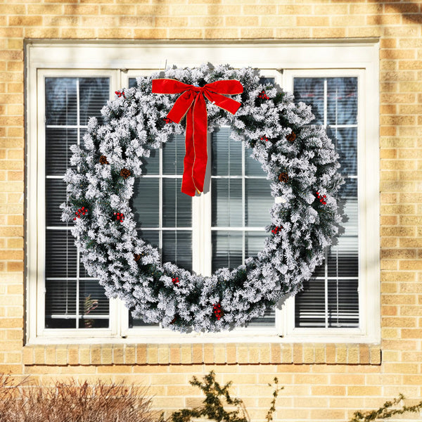 US Local 60in Pre-lit Snow Flocked Christmas Wreath, Lighted Artificial Xmas Wreath With 220 Warm White Lights And 600 PVC Tips And DIY Ornaments, For Front Door Gate Wall Xmas Party Decorations, Snowy Green