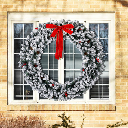 US Local 60in Pre-lit Snow Flocked Christmas Wreath, Lighted Artificial Xmas Wreath With 220 Warm White Lights And 600 PVC Tips And DIY Ornaments, For Front Door Gate Wall Xmas Party Decorations, Snowy Green