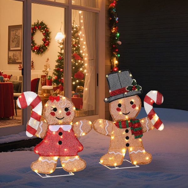 US Local Set Of 2 Lighted Gingerbread Man And Candy Cane Christmas Decorations, Pre-lit 2D Holiday Decor With 80 Warm White LED Lights For Xmas Outdoor Indoor Decor Lighted Holiday Displays