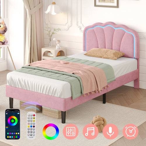 UK Local 3ft Single Upholstered Bed With LED Adjustable Shell Shape Headboard, Soft Velvet Bed Frame With Solid Wood Slat, No Box Spring Needed, Easy Assembly, Cream White No Mattress