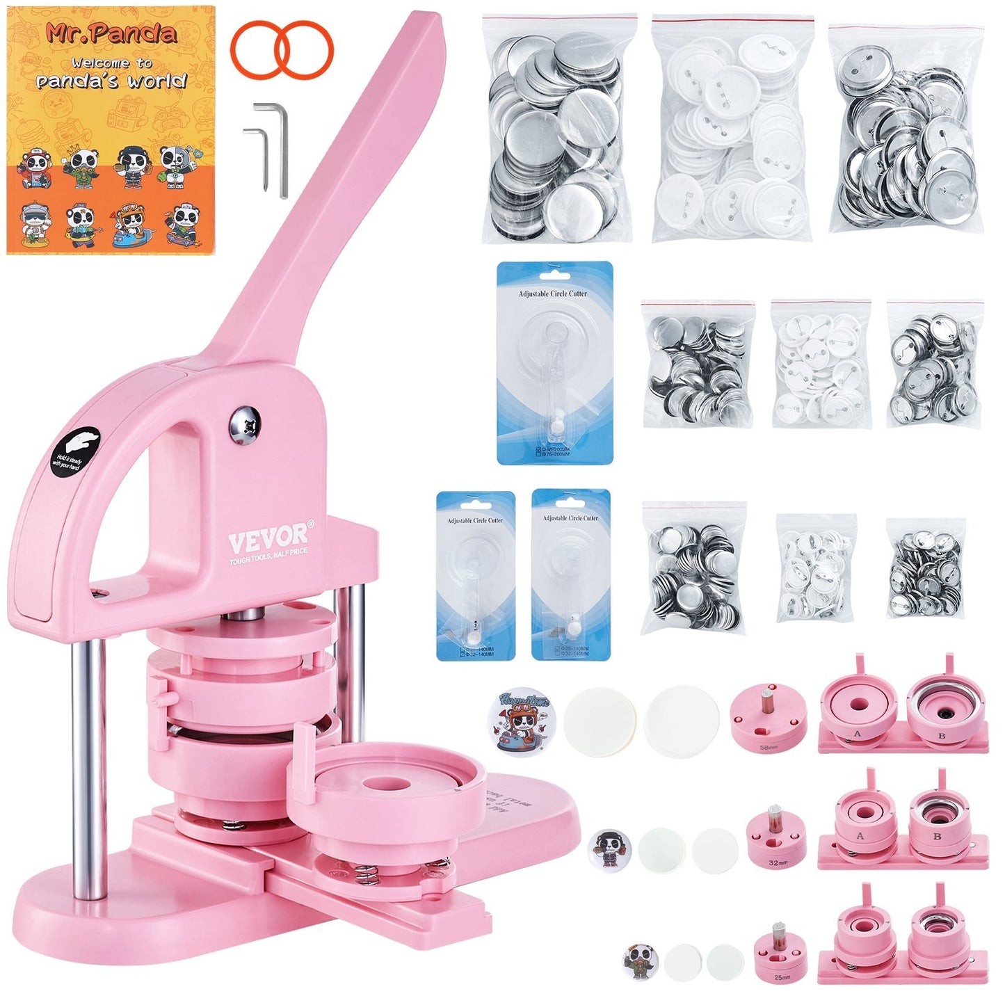 US Local 3-IN-1 Button Maker,  300pcs Button Parts,Button Maker Machine With Panda Magic Book, Ergonomic ArcHandle Punch Press Kit, For Children DIY Gifts