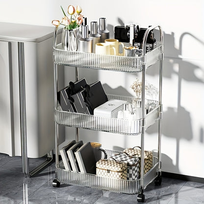 US Local Modern Storage Three-Tier Acrylic Cosmetic Cart With Wheels - Transparent Bathroom And Living Room Storage, Portable Cosmetic Storage Box