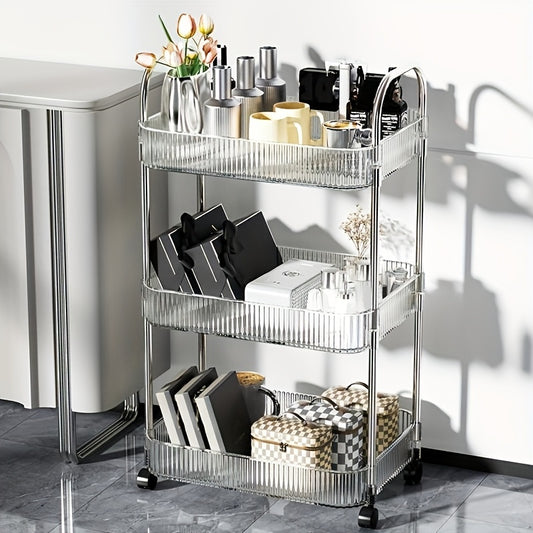 US Local Modern Storage Three-Tier Acrylic Cosmetic Cart With Wheels - Transparent Bathroom And Living Room Storage, Portable Cosmetic Storage Box