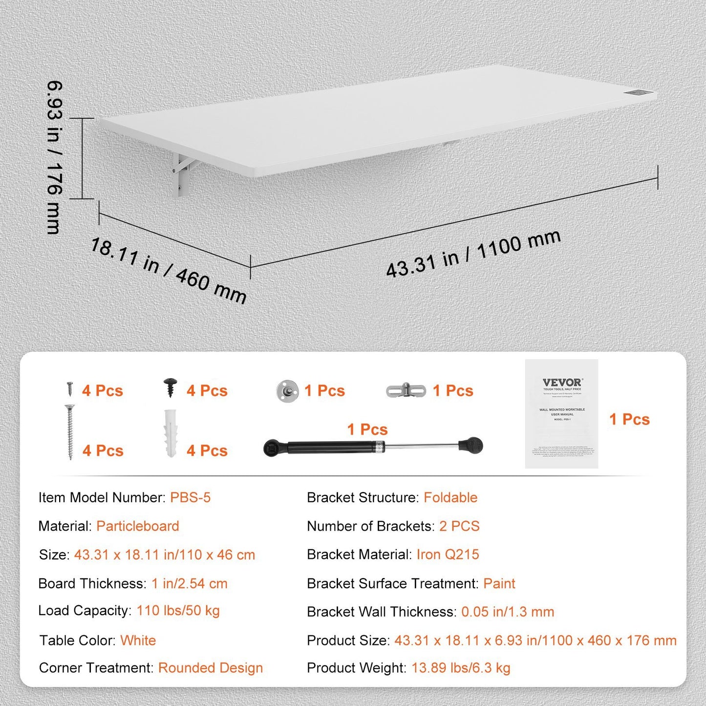 US Local VEVOR Wall Mounted Folding Table,  Wall Mount Drop Leaf Table, Floating Desk With Iron Bracket, Fold Down Desk For Small Spaces, Home Office, Dining, Laundry Room, Kitchen, Bar, White