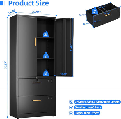 US Local 2 Drawer Lateral File Cabinet With Lock, Metal Filing Storage Cabinet With Locking Doors And 2 Adjustable Shelves For Home, Office, School, Fits A4 Letter Legal Size Folders, Assembly Required