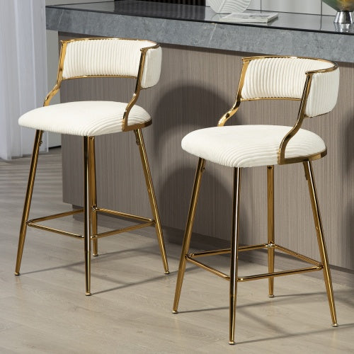 US Local SET OF 2,26 Counter Height Bar Stools Corduroy Kitchen Island Counter Bar Stool With Back,golden Chromed Base And Footrest