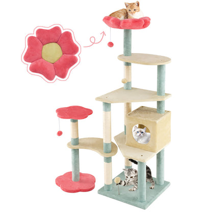 US Local 61 Inch Multi-Level Aesthetic Floral Kitten Tower With Flower-Shaped Padded Perch