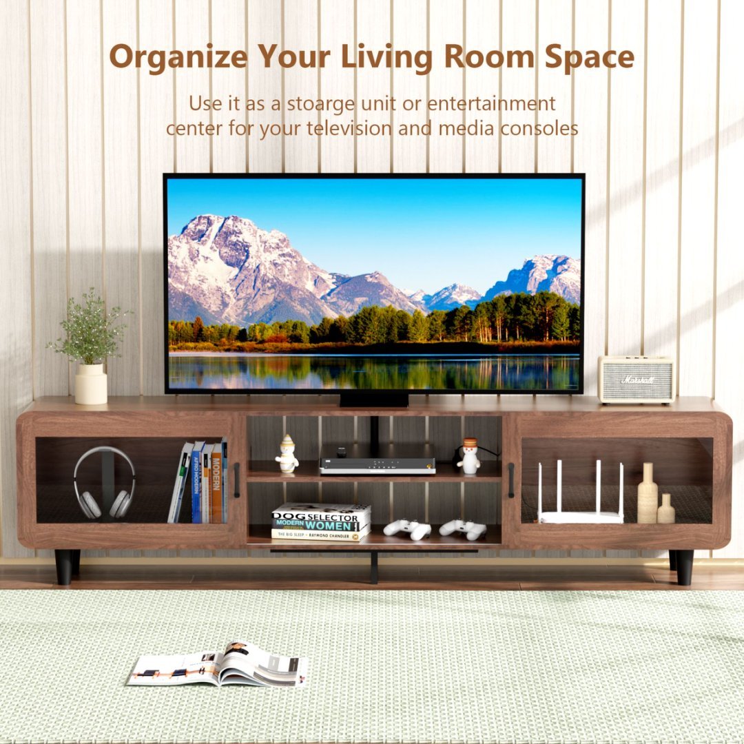 US Local Mid Century Modern TV Stand For 55,60,65,70 Inch TV, Wood Entertainment Center With Power Outlets, Media Console With Sliding Doors And Open Shelf For Living Room, Walnut