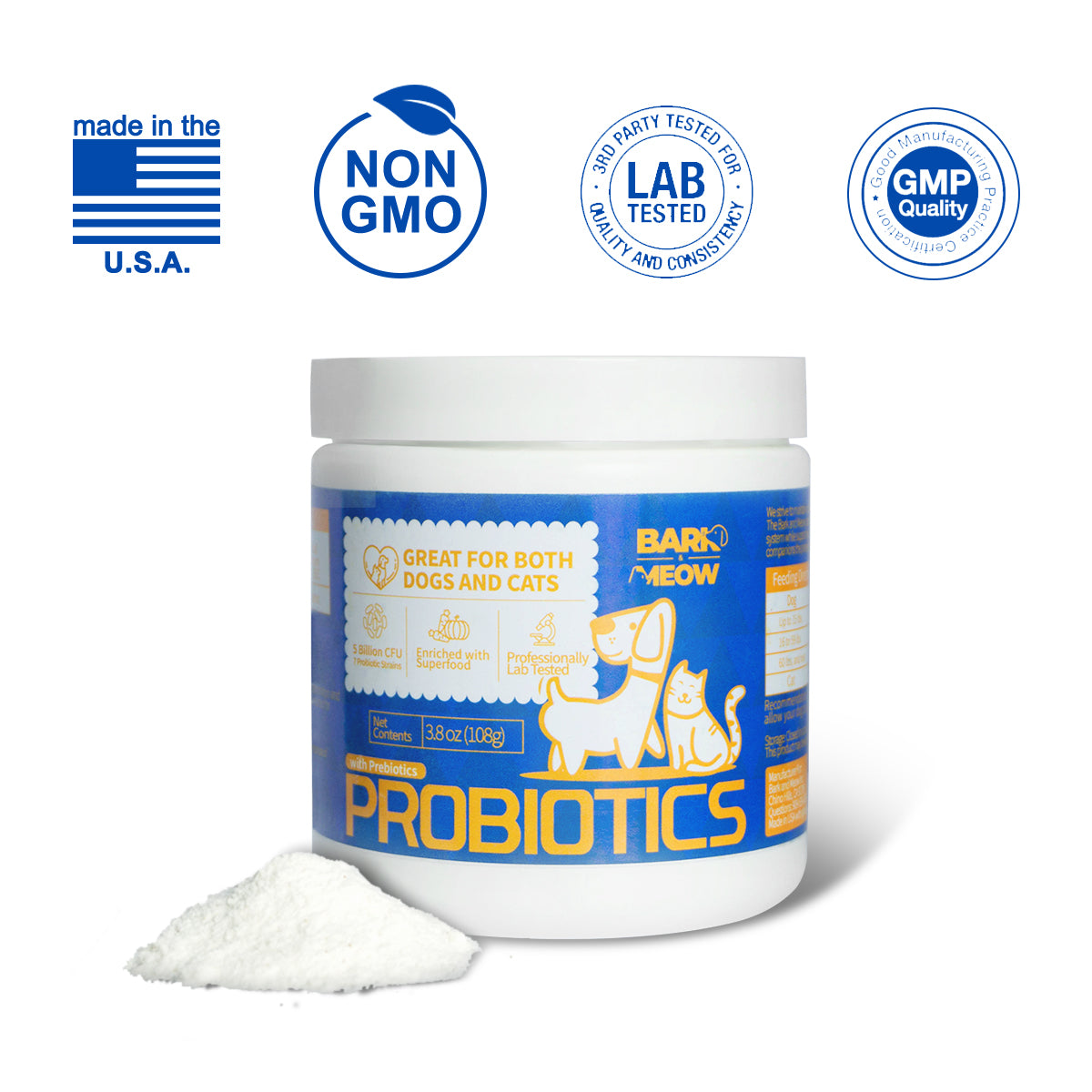 US Local Bark And Meow Probiotics For Dogs & Cats  7 Tailored Strains  Prebiotics, Pumpkin & Carrot  5 Billion CFU Scoop Human-Grade Non-GMO, Vet-Approved Made In USA, Gut  Immune Support