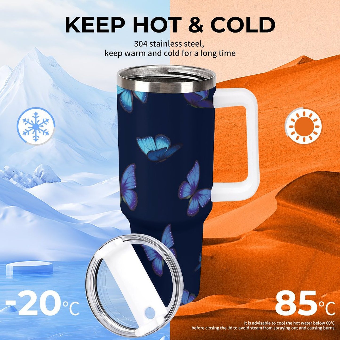 PHDT00505 POD US Local Tumbler 40oz Large Capacity Car Cup Blue Morpho Butterfly