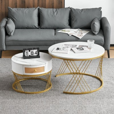 UK Local White Two-piece Coffee Table Set With Rattan Drawers, Gold Accents And Marble-style PVC Sticker Tabletop