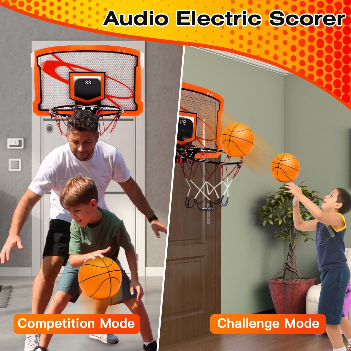 US Local 1Set Indoor Mini Basketball Hoop Set Over Door Basketball Hoop With 4 Inflatable Balls Electric Audio Scorer Foldable Basket Gift For Kids And Adults