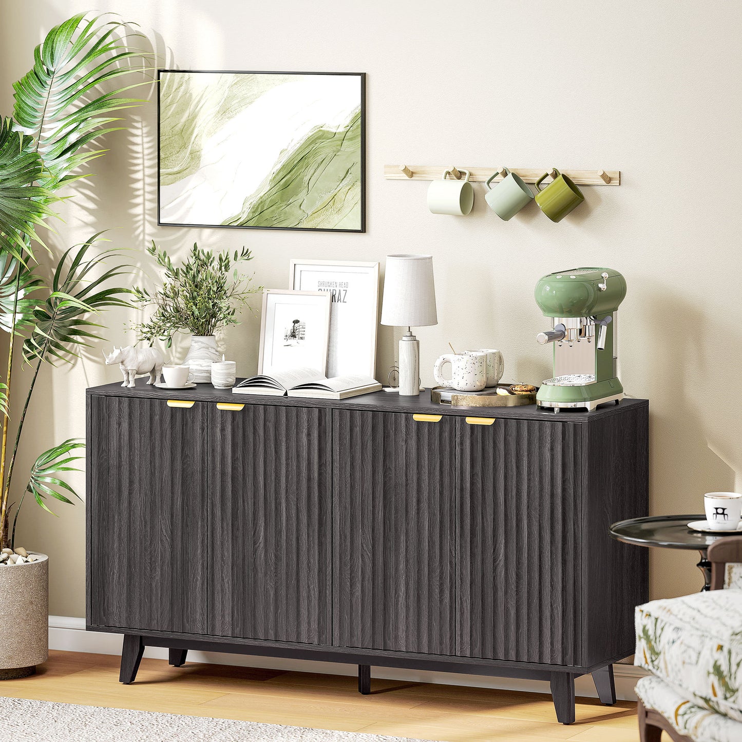 US Local Fluted Sideboard Buffet Cabinet, 55 Coffee Bar Cabinet With 4 Doors, 2 Adjustable Shelves, 5 Wood Legs, Dark Gray