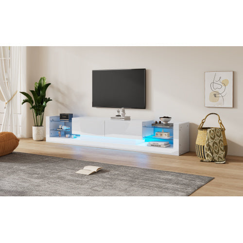 UK Local Open Glass Storage TV Stand With LED Lights For TV Cabinets Up To 75 Inches High Gloss Panel, Modern Minimalist Style Media Entertainment Center Console Cabinet Table With 2 Closed Sliding Door, White