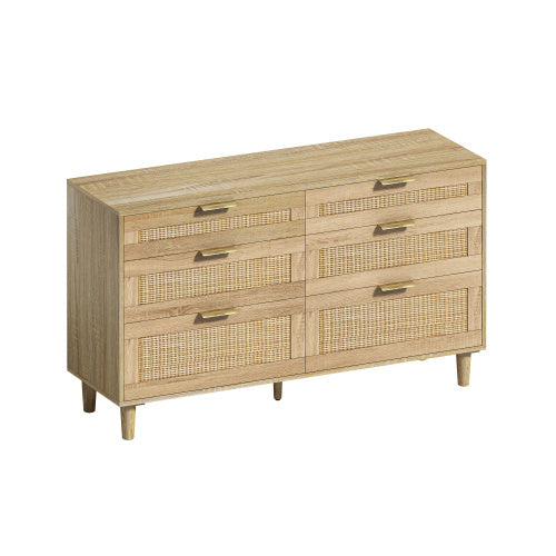 US Local Rattan Dresser With Drawers, 6 Drawer Dresser For Bedroom, Clothes Storage Cabinet For Bedroom, Metal Handle&Wood Legs For Hallway, Living Room, Bedroom,Natural