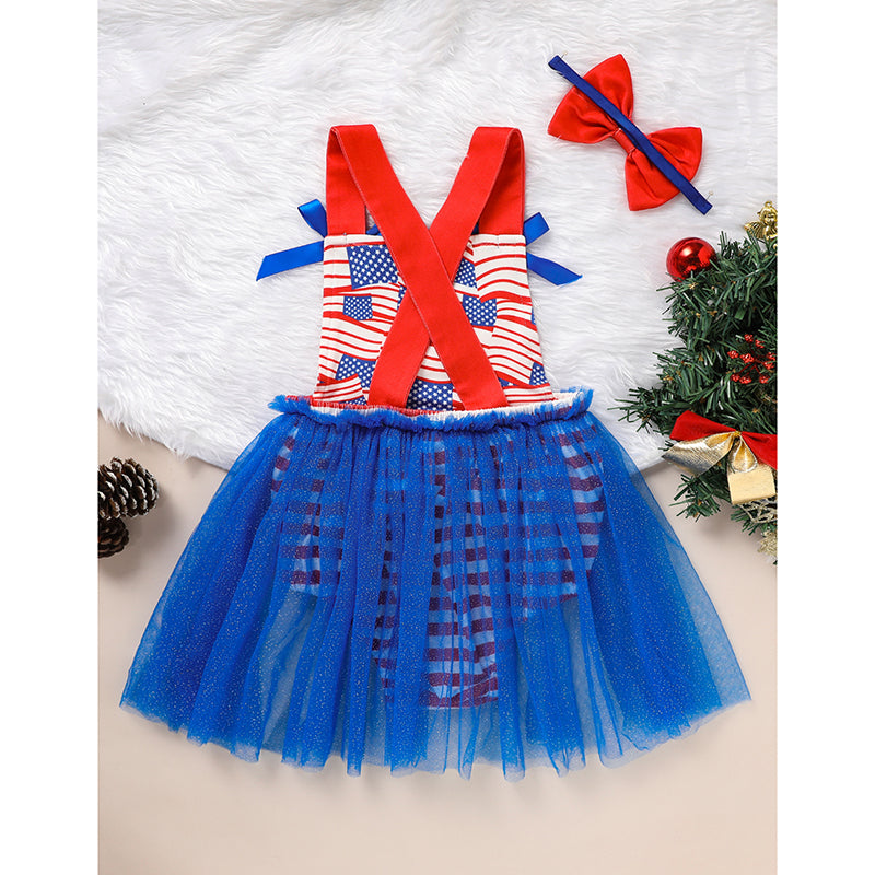 US Local Baby's Independence Day Style Flag Pattern Triangle Bodysuit, Casual Sleeveless Bowknot Romper