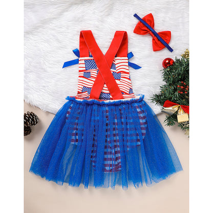 US Local Baby's Independence Day Style Flag Pattern Triangle Bodysuit, Casual Sleeveless Bowknot Romper