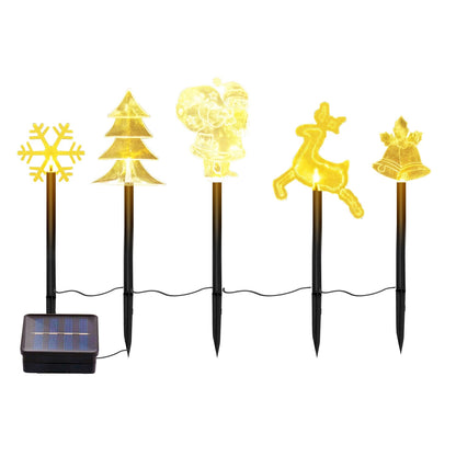 US Local 1 Set Of 5Pcs Mixed Christmas Decoration Light Solar Stake Light Waterproof Reindeer Snowflake Bell Christmas Tree Santa Claus Light Outdoor Landscape Light