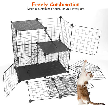 US Local 3 Tier Cat Playpen Cage Metal Indoor Cat House Detachable Kitten House With 3 Doors 2 Ladders Large Cat Exercise Place For 1-2 Cats Black