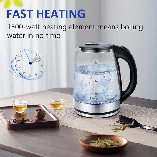 USA Local Electric Kettle Water Boiler, 1.8L Electric Tea Kettle, Wide Opening Hot Water Boiler With LED Light, Auto Shut-Off & Boil Dry Protection, Glass Black