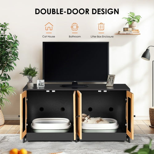 US Local Double Litter Box Enclosure,Cat Litter Box Enclosure For 2 Cats, Hidden Litter Box Furniture With Rattan Doors, 47 L X 19.8 W X 21.8  H,Black