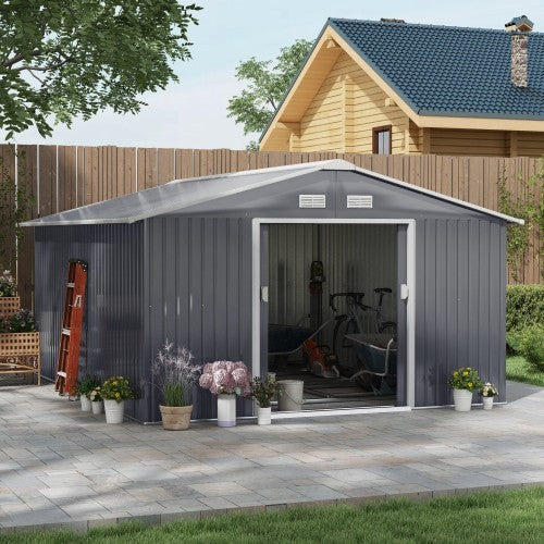UK Local Outsunny 13 X 11ft Metal Garden Shed, Outdoor Storage Tool House With Ventilation Slots, Foundation Kit And Lockable Double Doors, Grey