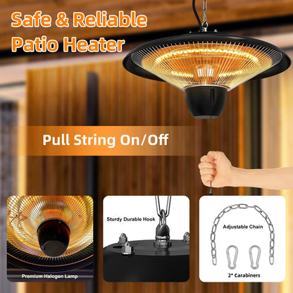 US Local 1Pc 1500W Outdoor Hanging Patio Heater Ultra-Quiet Electric Heating Lamp IP23 Waterproof 2 Heating Levels Overheating Protection Ceiling Mounted Outdoor Heater