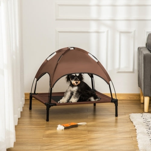 UK Local PawHut Raised Dog Bed Waterproof Elevated Pet Cot With Breathable Mesh UV Protection Canopy Brown, For Medium Dogs, 76 X 61 X 73cm
