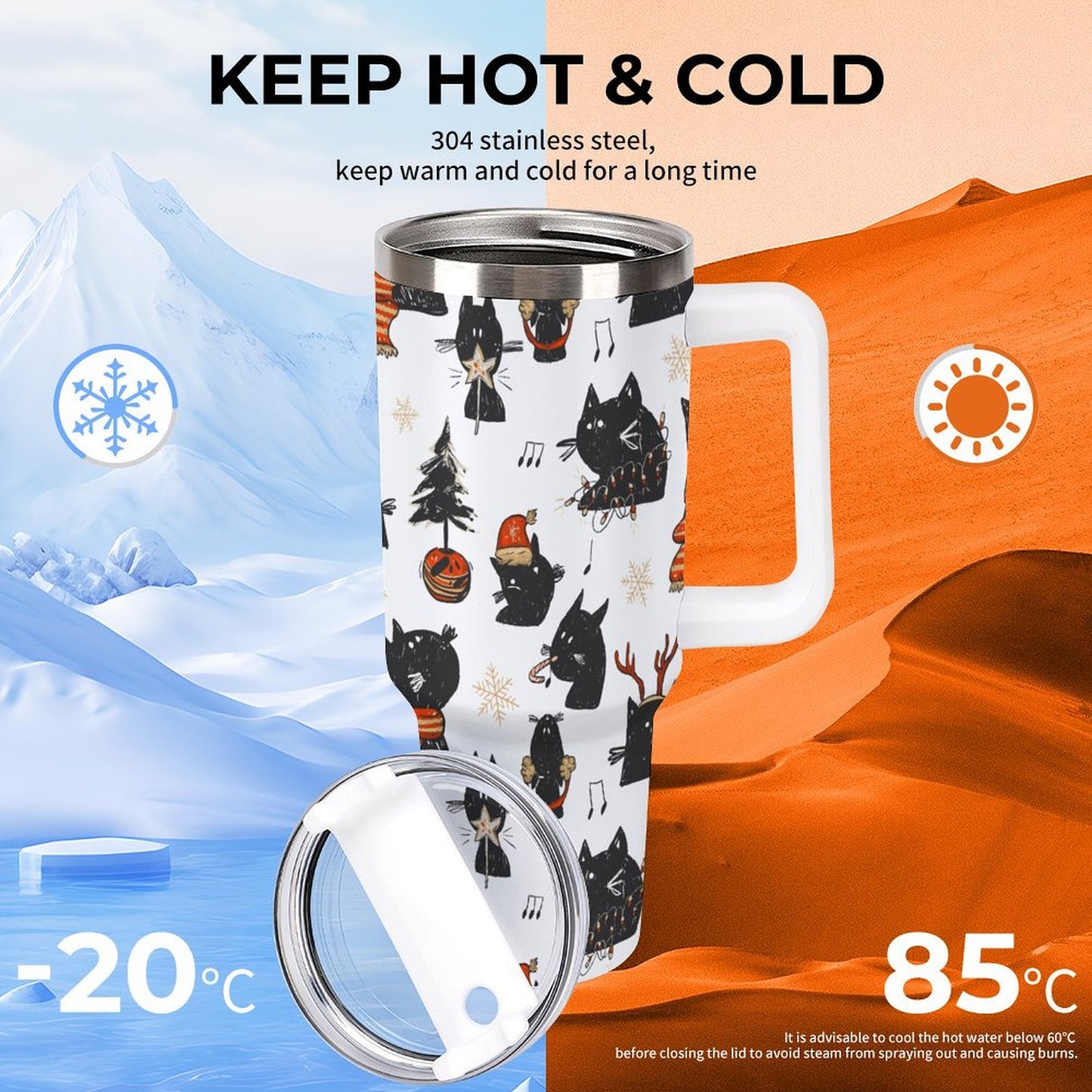 PHDT00085 POD US Local Tumbler 40 oz Large Capacity Car Cup Christmas, Black Cat