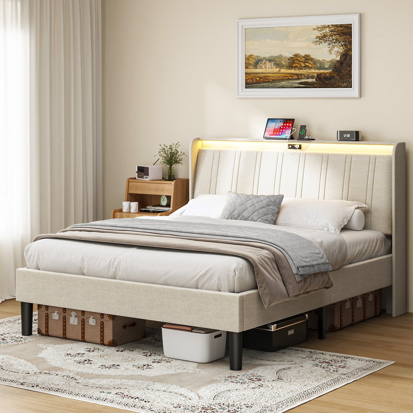 US Local Platform Bed Frame With Fabric Upholstered Headboard And Wooden Slats Support, Fully Upholstered Mattress
