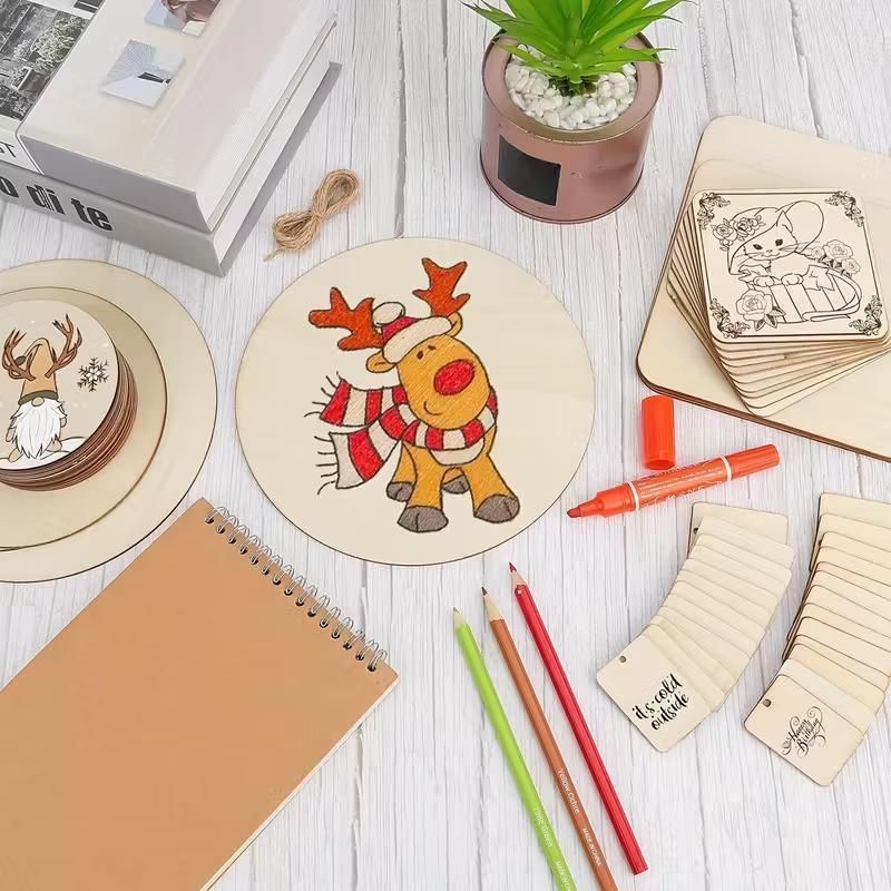 US Local 65-piece Unfinished Wooden Set, Craft Materials, Mixed-shape Wood Chips, Blank Decorative Plaques, Wooden Plaques For Drawing And Writing.